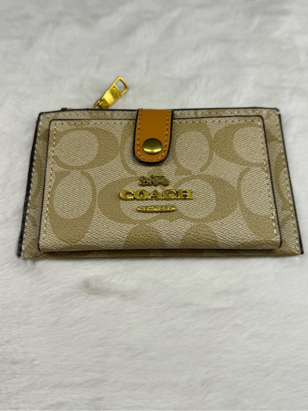 Coach Beige Signature Card Holder with Tan Strap and Gold Hardware